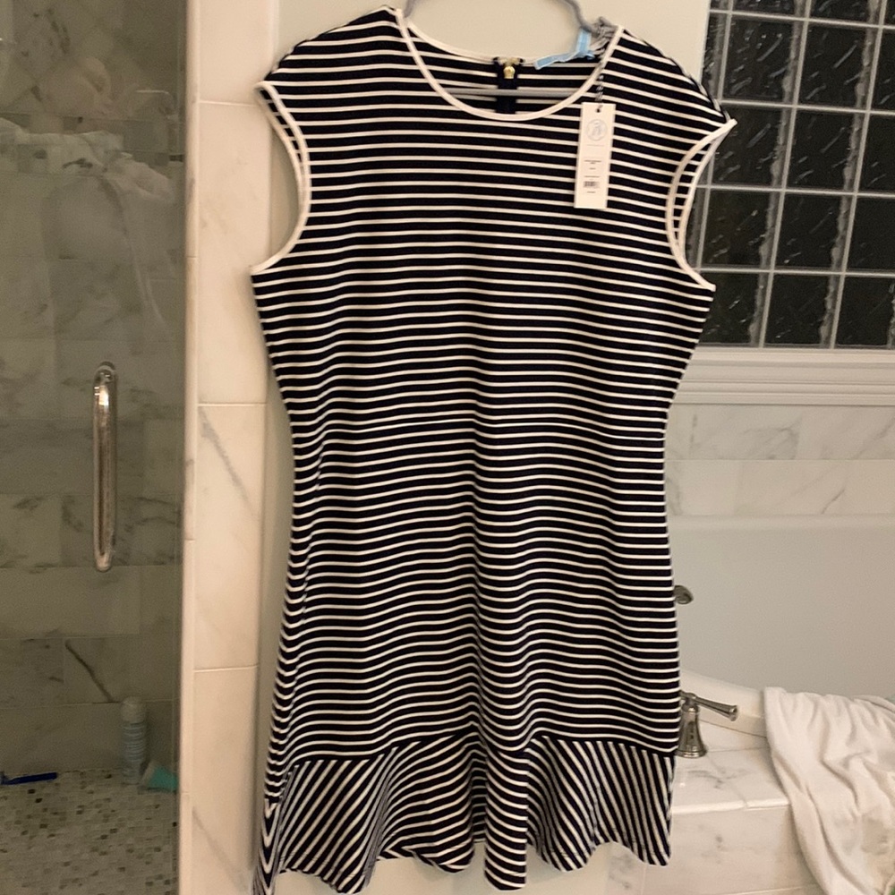 Draper James Black and White Striped Sleeveless Dress